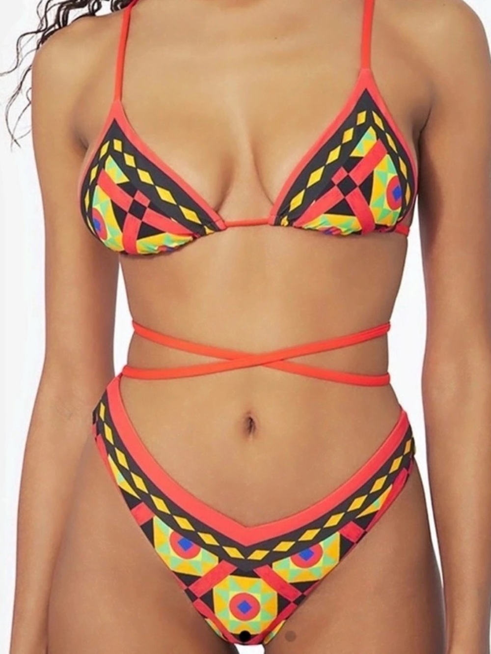 Who Wore What Geometric Mosaic Wrap Bikini in Orange & Multicolor New With Tags